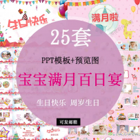 卡通婴儿宝宝百日宴PPT模板 满月宴周岁生日快乐成长电子相册素材